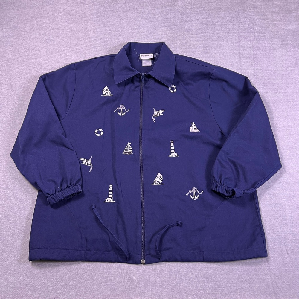 BonWorth Nautical Embroidered Zip Up Windbreaker Jacket Womens Large Blue Cotton
